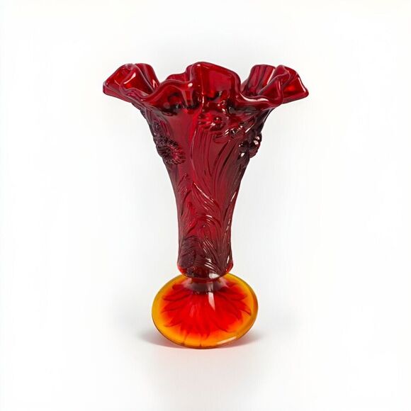 Fenton Glass Ruby Red Amberina Stretch Vase Flowers Ruffled Tulip Orange Glows - Picture 1 of 11